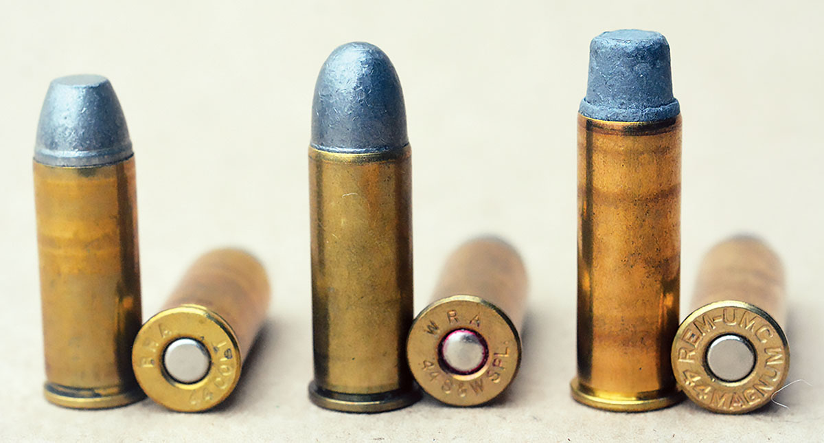 The 44 Russian (left) is the parent cartridge to the 44 Special (center) and 44 Magnum (right).